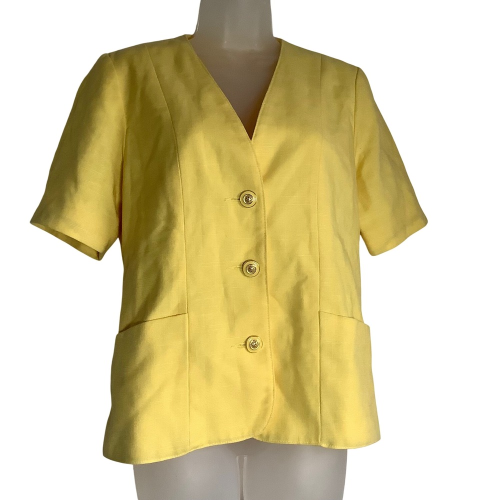 Yellow Short Sleeve Blazer Gold Crest Buttons V-Neck Pockets Size 10